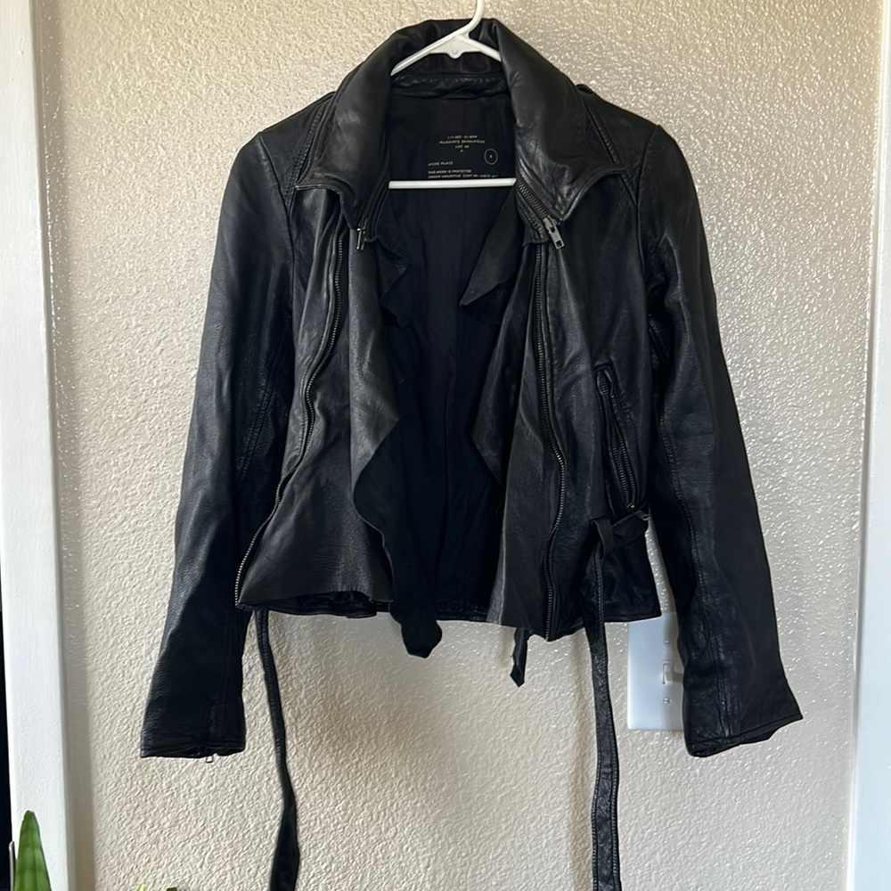 All Saints Dark Leather Jacket with Draped Front